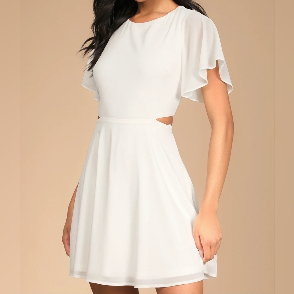 Lulus Blissful Love Ivory Cutout Mini Skater Dress, Flutter Chiffon Sleeves